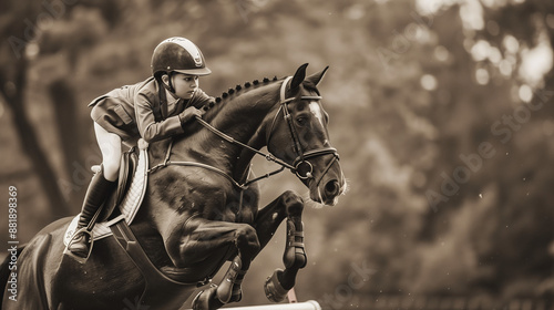 A young rider jumping over a low obstacle, holding tightly to the horse's mane, with a face full of concentration.