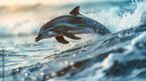 A dolphin leaping high above the waves with a joyful expression during a dolphin watching tour. © Plaifah