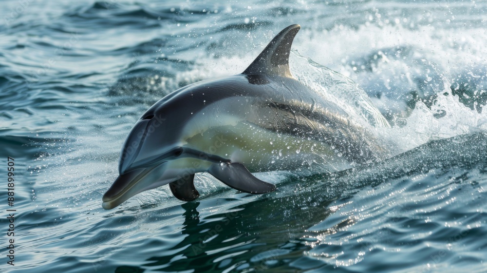 Fototapeta premium A dolphin swimming alongside a boat, playfully riding the bow wave with its sleek body.