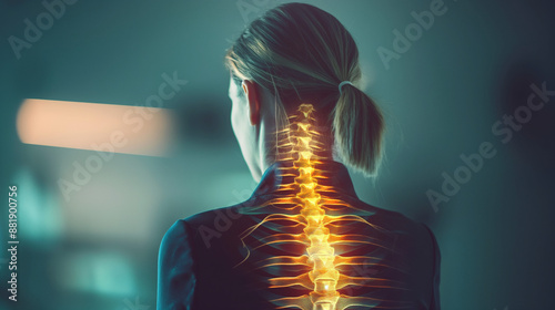 Woman with her back turned, face not visible, suffering from office syndrome, with a digital spine overlay highlighting pain areas