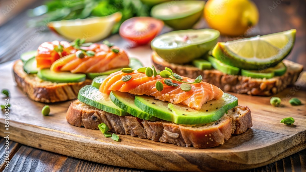 Freshly sliced avocado and grilled red salmon fish on toasted whole grain bread with blurred kitchen background surroundings. Freshly sliced avocado and grilled red salmon fish on toasted whole grain bread with blurred kitchen background surroundings.