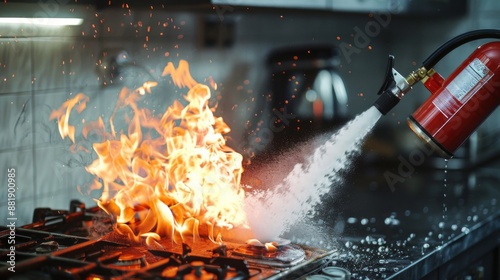 A fire extinguisher being used to put out a small kitchen fire, with white foam spraying onto the stove photo