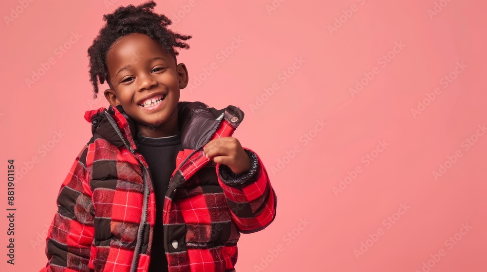 A young boy in a red and black plaid jacket smiles against a bright pink background A young boy in a red and black plaid jacket smiles against a bright pink background
