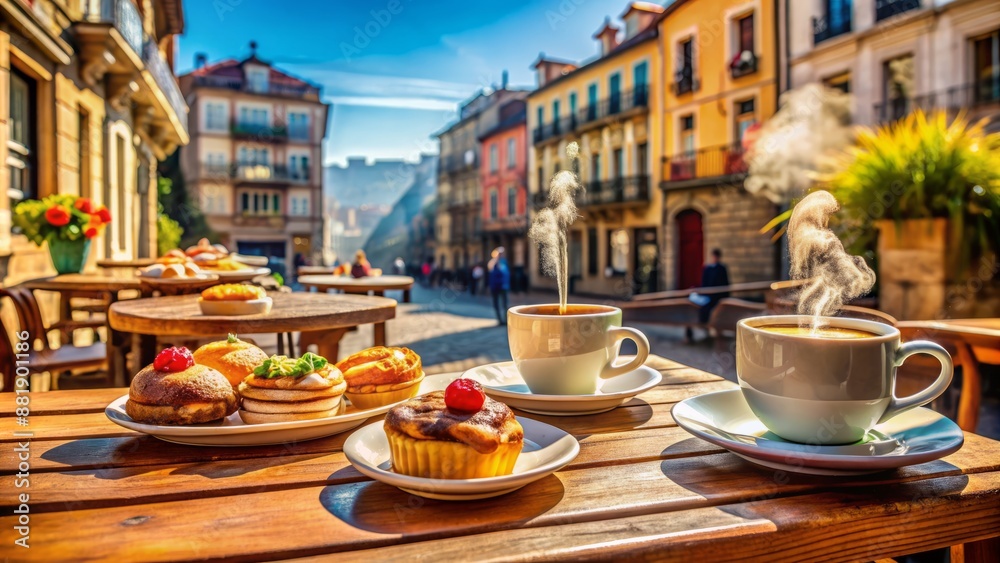 Fototapeta premium Vibrant colors of outdoor cafe setting in Porto, Portugal, featuring delicious cakes and steaming cups on wooden table, warm atmosphere.