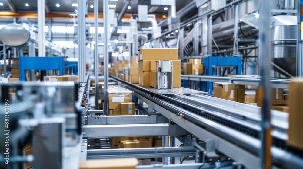 A food packaging facility with automated machines sealing and labeling products for distribution. A food packaging facility with automated machines sealing and labeling products for distribution.
