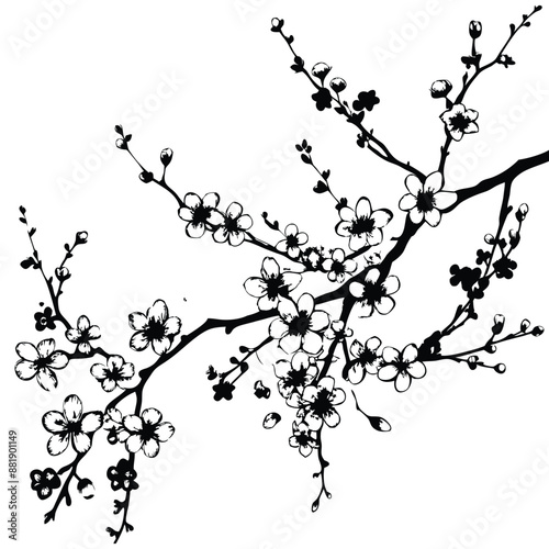Hand drawn Cherry branches with flowers,Black and white Coloring book.Sakura plant  silhouette on white background.