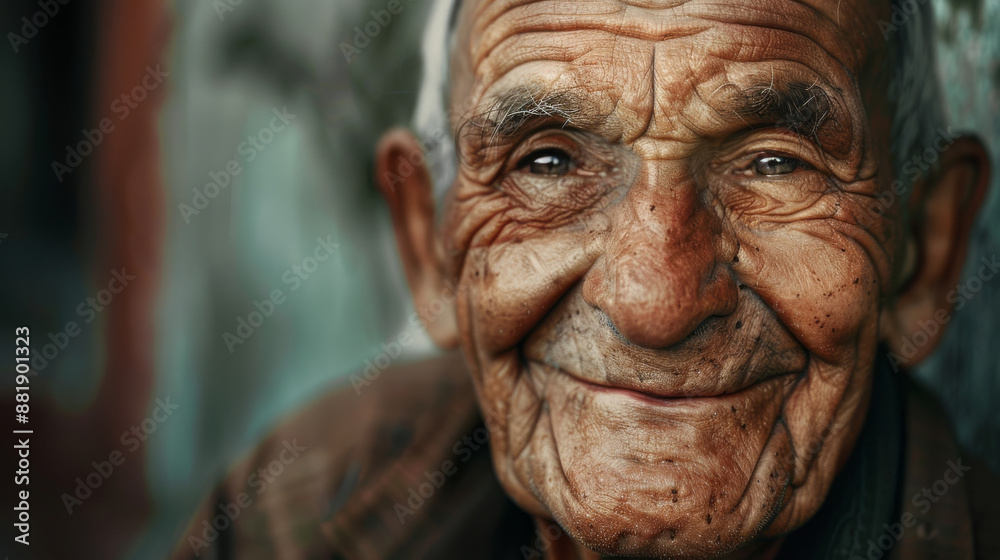 An elderly man with deep wrinkles and kind eyes smiles sincerely, conveying a life rich with experiences and resilience. An elderly man with deep wrinkles and kind eyes smiles sincerely, conveying a life rich with experiences and resilience.