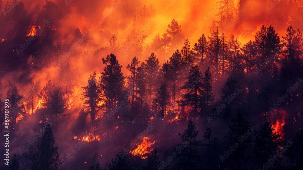 A forest engulfed in flames during a wildfire season intensified by hotter temperatures from global warming. A forest engulfed in flames during a wildfire season intensified by hotter temperatures from global warming.