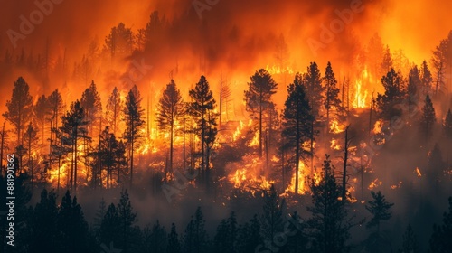 A forest engulfed in flames during a wildfire season intensified by hotter temperatures from global warming.