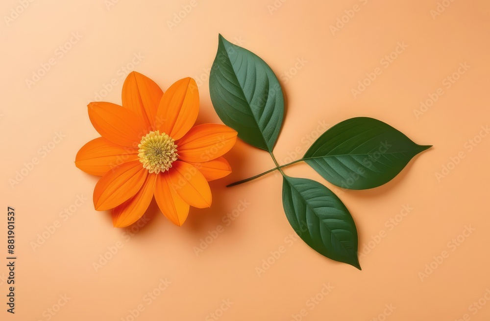 Obraz premium Orange flower with green leaves on beige background. Elegant floral composition.