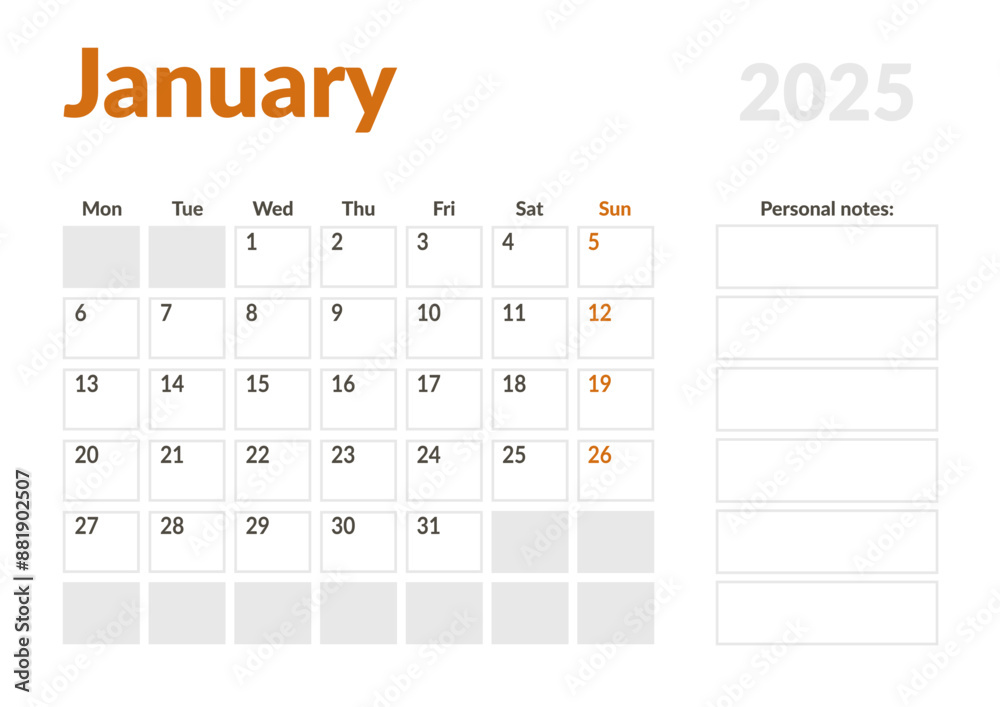 Monthly page Calendar Planner Template of January 2025. Vector layout of calendar with week start Monday for Scheduling. Page for size A4 or 21x29.7 cm Monthly page Calendar Planner Template of January 2025. Vector layout of calendar with week start Monday for Scheduling. Page for size A4 or 21x29.7 cm