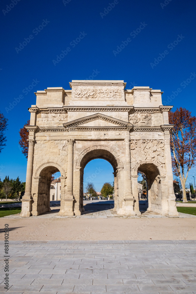 Famous Roman triumphal arch in Orange city, vertical photography taken in France Famous Roman triumphal arch in Orange city, vertical photography taken in France