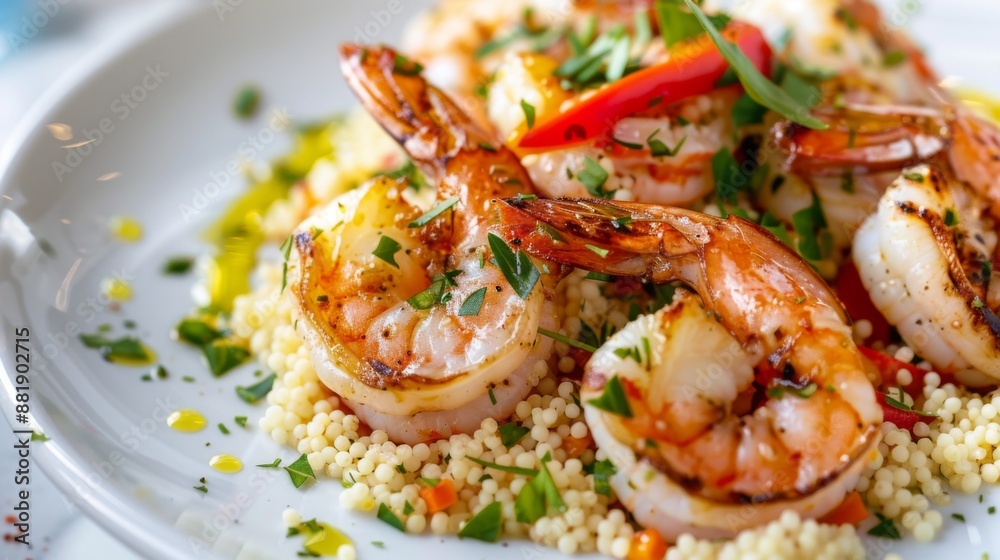 A gourmet dish of grilled shrimp served with couscous salad and drizzled with olive oil, plated elegantly. A gourmet dish of grilled shrimp served with couscous salad and drizzled with olive oil, plated elegantly.