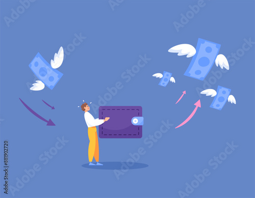 concept of little income and lots of expenses. expenses are greater than income. illustration of a man carrying a wallet with money flying away. Financial Problem. flat style design. graphic elements