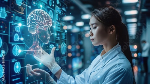 Woman In Lab Coat Interacting With Hologram of Brain