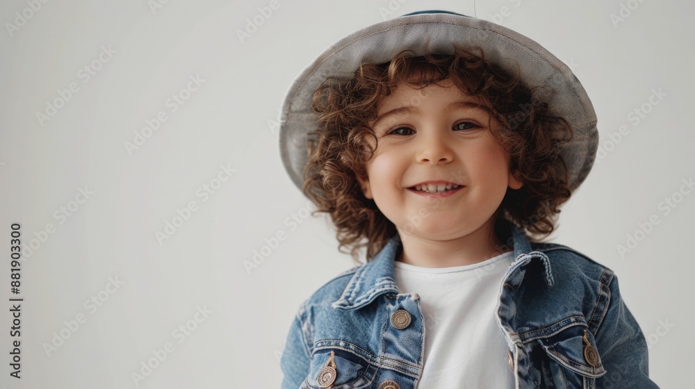 Child wears blue jacket, grey hat, smiles at camera Child wears blue jacket, grey hat, smiles at camera