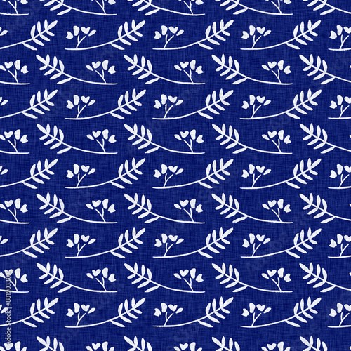 Indigo denim blue leaf motif seamless pattern. Japanese dye batik fabric style effect print background swatch.  © Limolida Studio