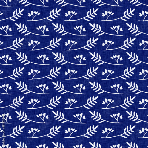 Indigo denim blue leaf motif seamless pattern. Japanese dye batik fabric style effect print background swatch. 