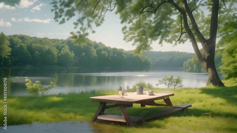 A wooden picnic table sits atop a vibrant green field, Picnic on a grassy hill overlooking a serene lake A wooden picnic table sits atop a vibrant green field, Picnic on a grassy hill overlooking a serene lake