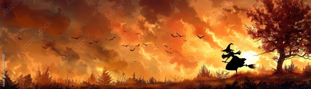 A spooky silhouette of a witch riding a broomstick A spooky silhouette of a witch riding a broomstick