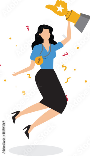Employee of the month great manager or success staff winning award staff appreciation or best office worker concept success businesswoman manager celebrating employee award on big thumb up symbol