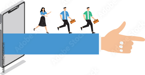 Thought leadership influencer or key opinion leader KOL social marketing for advertising campaign lead or influence by expert person concept hand pointing from mobile with people follow the way