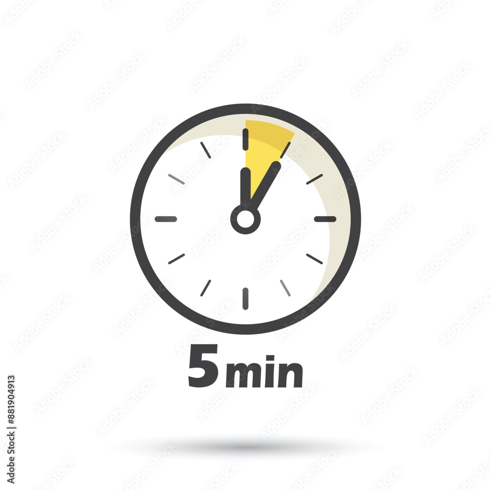 5 minutes on stopwatch icon in flat style. Clock face timer vector illustration on isolated background. Countdown sign business concept. 5 minutes on stopwatch icon in flat style. Clock face timer vector illustration on isolated background. Countdown sign business concept.