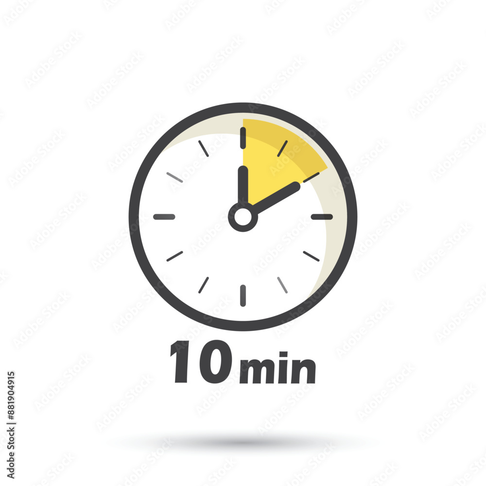 10 minutes on stopwatch icon in flat style. Clock face timer vector illustration on isolated background. Countdown sign business concept. 10 minutes on stopwatch icon in flat style. Clock face timer vector illustration on isolated background. Countdown sign business concept.