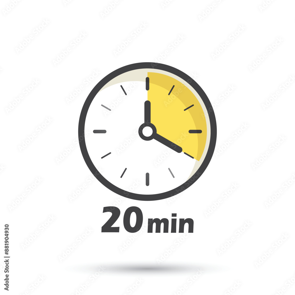 20 minutes on stopwatch icon in flat style. Clock face timer vector illustration on isolated background. Countdown sign business concept. 20 minutes on stopwatch icon in flat style. Clock face timer vector illustration on isolated background. Countdown sign business concept.