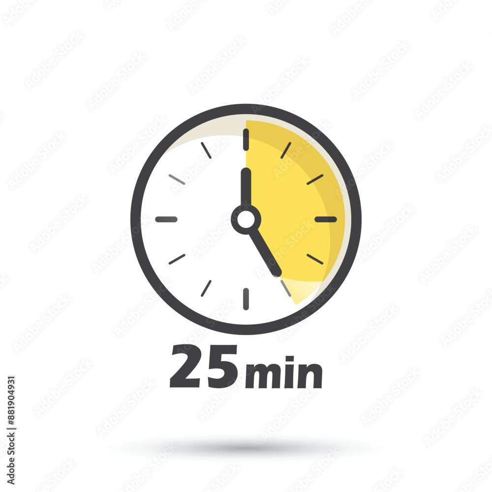 25 minutes on stopwatch icon in flat style. Clock face timer vector illustration on isolated background. Countdown sign business concept. 25 minutes on stopwatch icon in flat style. Clock face timer vector illustration on isolated background. Countdown sign business concept.