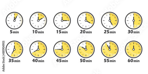 From 5 minutes to 60 minutes on stopwatch icon in flat style. Clock face timer vector illustration on isolated background. Countdown sign business concept.