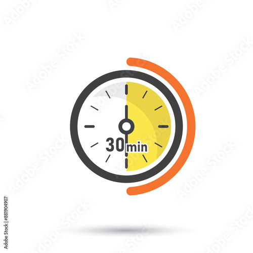 30 minutes on stopwatch icon in flat style. Clock face timer vector illustration on isolated background. Countdown sign business concept.
