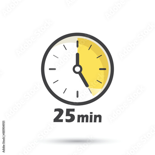 25 minutes on stopwatch icon in flat style. Clock face timer vector illustration on isolated background. Countdown sign business concept.