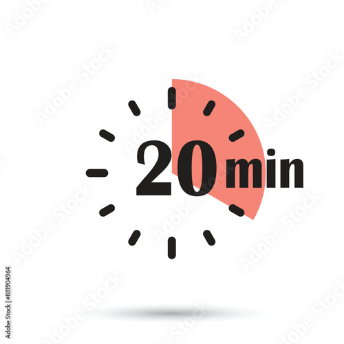 20 minutes on stopwatch icon in flat style. Clock face timer vector illustration on isolated background. Countdown sign business concept.