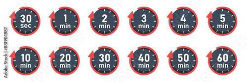 From 30 seconds to 60 minutes on stopwatch icon in flat style. Clock face timer vector illustration on isolated background. Countdown sign business concept.