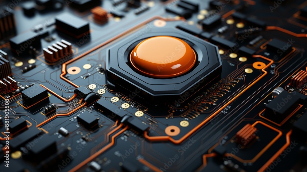 Fototapeta premium Futuristic Circuit Board with Orange Button