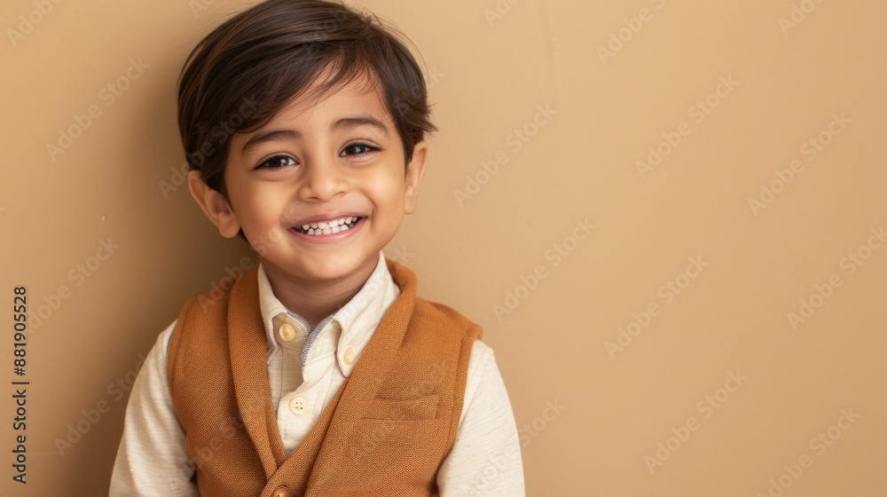 A young boy in a brown vest smiles broadly while standing against a tan wall A young boy in a brown vest smiles broadly while standing against a tan wall