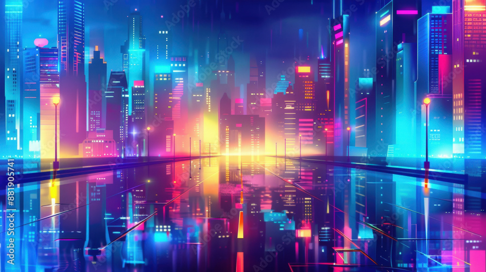 Obraz premium Futuristic cityscape is reflecting on wet asphalt on a night with colorful neon lights illuminating the buildings