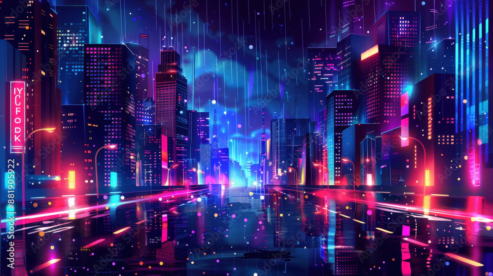 Futuristic cityscape at night with neon lights reflecting on the wet asphalt after the rain