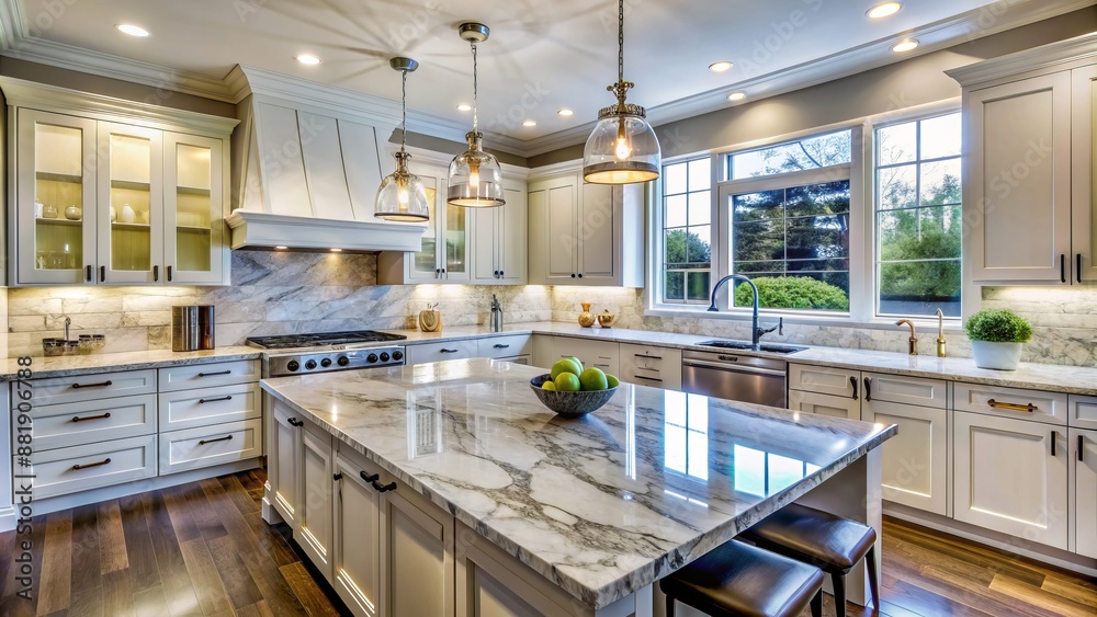 Full view of a kitchen with marble countertops. Full view of a kitchen with marble countertops.