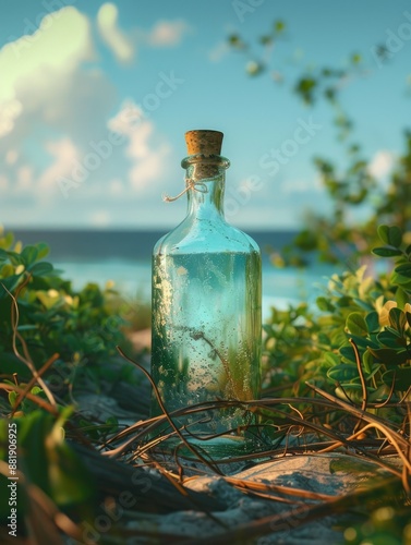 Glass bottle on sandy beach