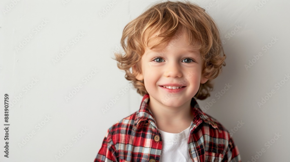 Smiling young boy in red plaid shirt Smiling young boy in red plaid shirt