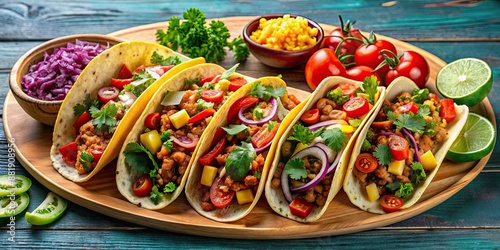 Vibrant taco platter with assorted toppings , colorful, Mexican, food, cuisine, tasty, delicious, fiesta, festive, spicy © Sujid