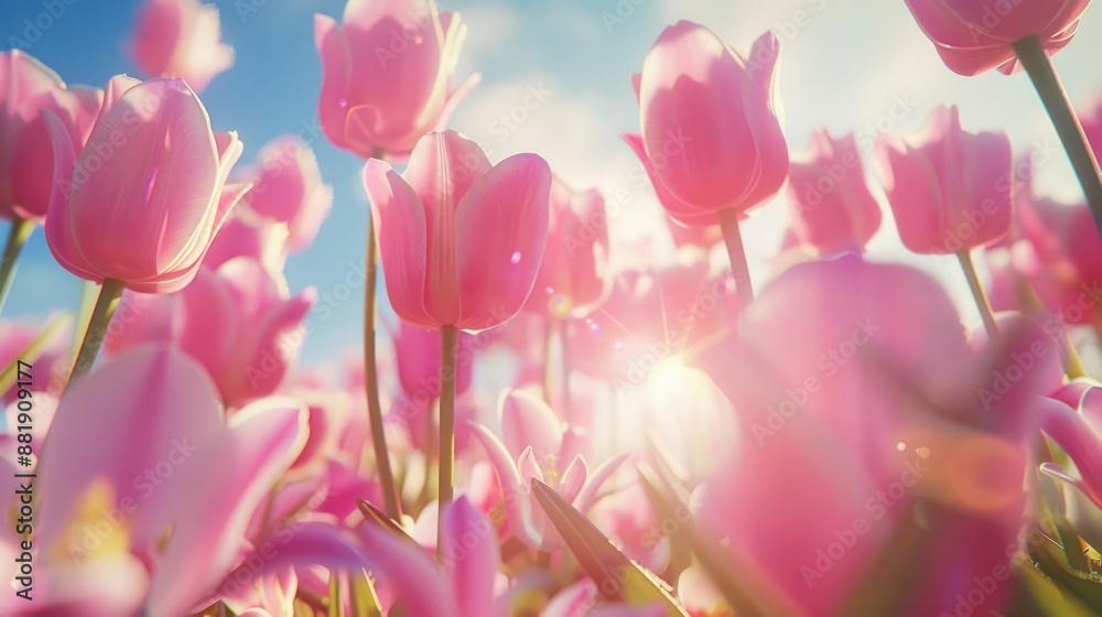 Obraz premium Field of pink tulips under a clear blue sky