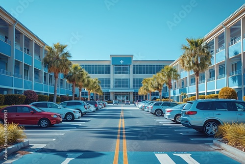 Spacious parking lot in front of a modern hospital, emphasizing convenient access to health care