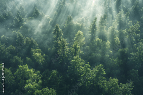 serene and dramatic beauty of a forest seen from above, with rays of cinematic light creating a peaceful and enchanting scene. Great for wellness retreats, nature conservation proj © forenna
