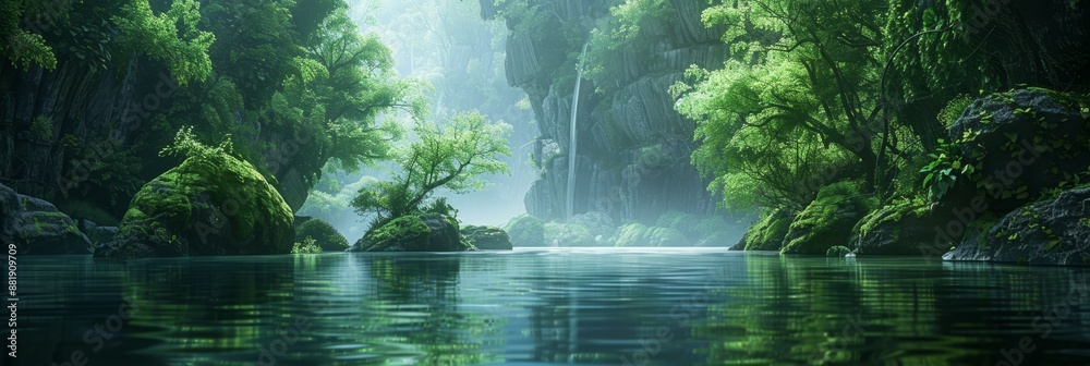 A tranquil river flowing through a lush green canyon A tranquil river flowing through a lush green canyon
