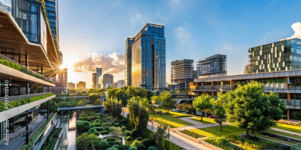 Fototapeta premium Vibrant Cityscape Showcasing Modern Urban Development and Sustainable City Transformation, Highlighting Green Spaces and Eco-Friendly Infrastructure.
