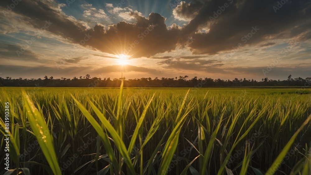 Ripe rice field and ready to harvest with sky background at sunset time with sun rays. AI Generative. Ripe rice field and ready to harvest with sky background at sunset time with sun rays. AI Generative.
