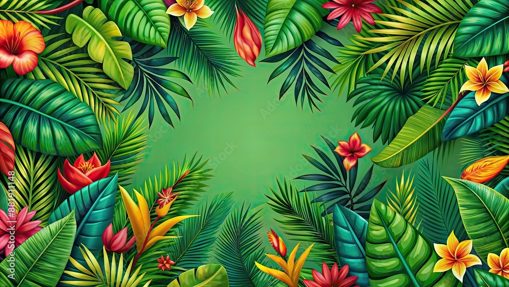 Vibrant and colorful tropical pattern on a lush green background, tropical, bright, colors, swirl, exotic, vibrant, rich Vibrant and colorful tropical pattern on a lush green background, tropical, bright, colors, swirl, exotic, vibrant, rich